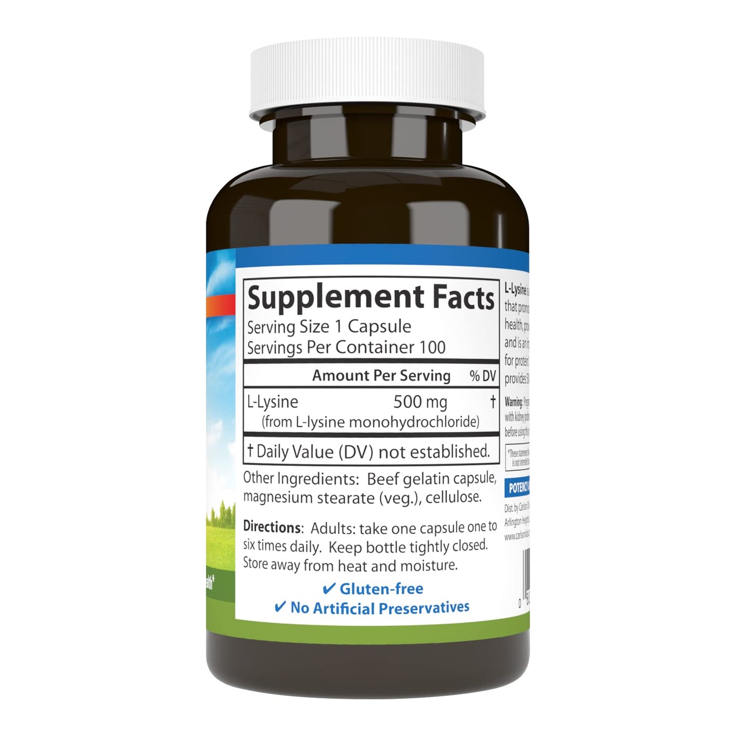 Carlson Labs L-Lysine, 500mg, 100 Capsules