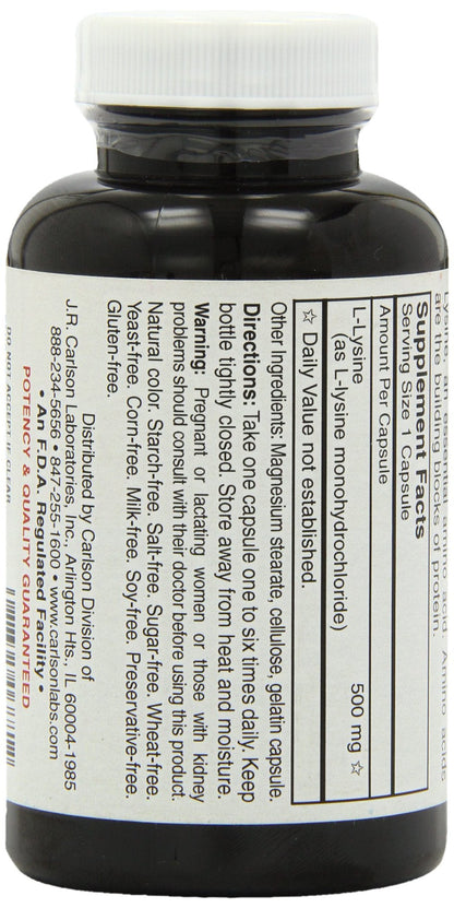 Carlson Labs L-Lysine, 500mg, 100 Capsules