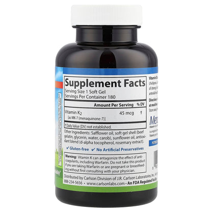 Carlson Labs Vitamin K2-7 45 mcg MK-7 Softgels – 180 Count