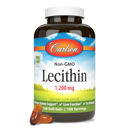 Carlson Lecithin 1200 mg Non-GMO - Nervous System & Liver Support | 100 Softgels (Pack of 2)