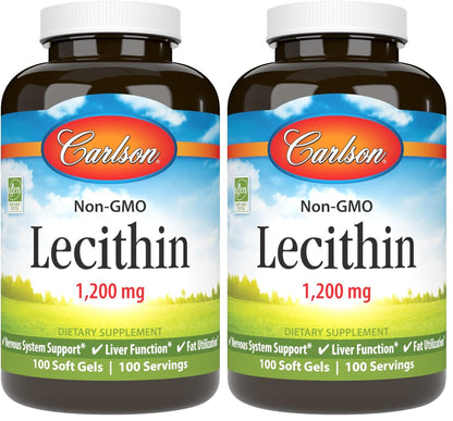 Carlson Lecithin 1200 mg Non-GMO - Nervous System & Liver Support | 100 Softgels (Pack of 2)