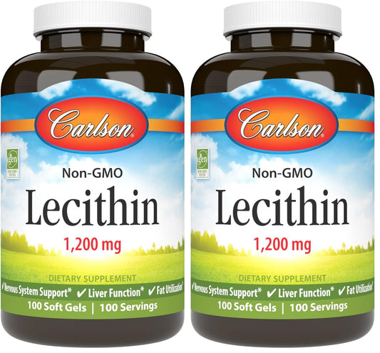 Carlson Lecithin 1200 mg Non-GMO - Nervous System & Liver Support | 100 Softgels (Pack of 2) BritishVita | Premium UK Vitamins & Wellness Supplements