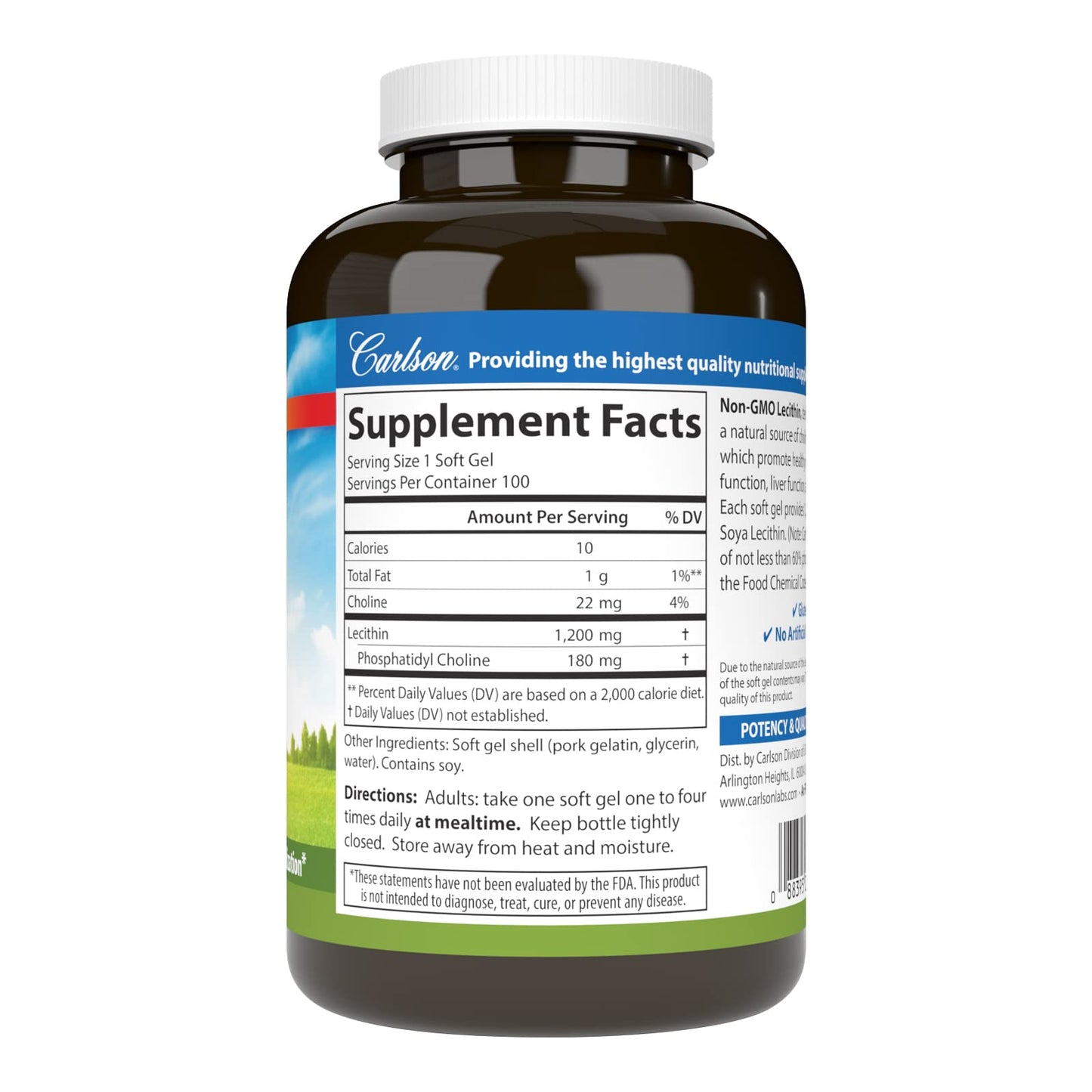 Carlson Lecithin 1200 mg Non-GMO - Nervous System & Liver Support | 100 Softgels (Pack of 2)