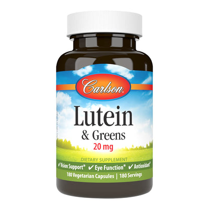 Carlson Lutein & Greens 20 mg - Vision Support & Eye Function - 180 Vegetarian Capsules