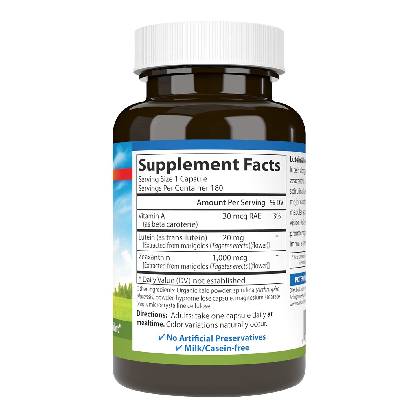 Carlson Lutein & Greens 20 mg - Vision Support & Eye Function - 180 Vegetarian Capsules