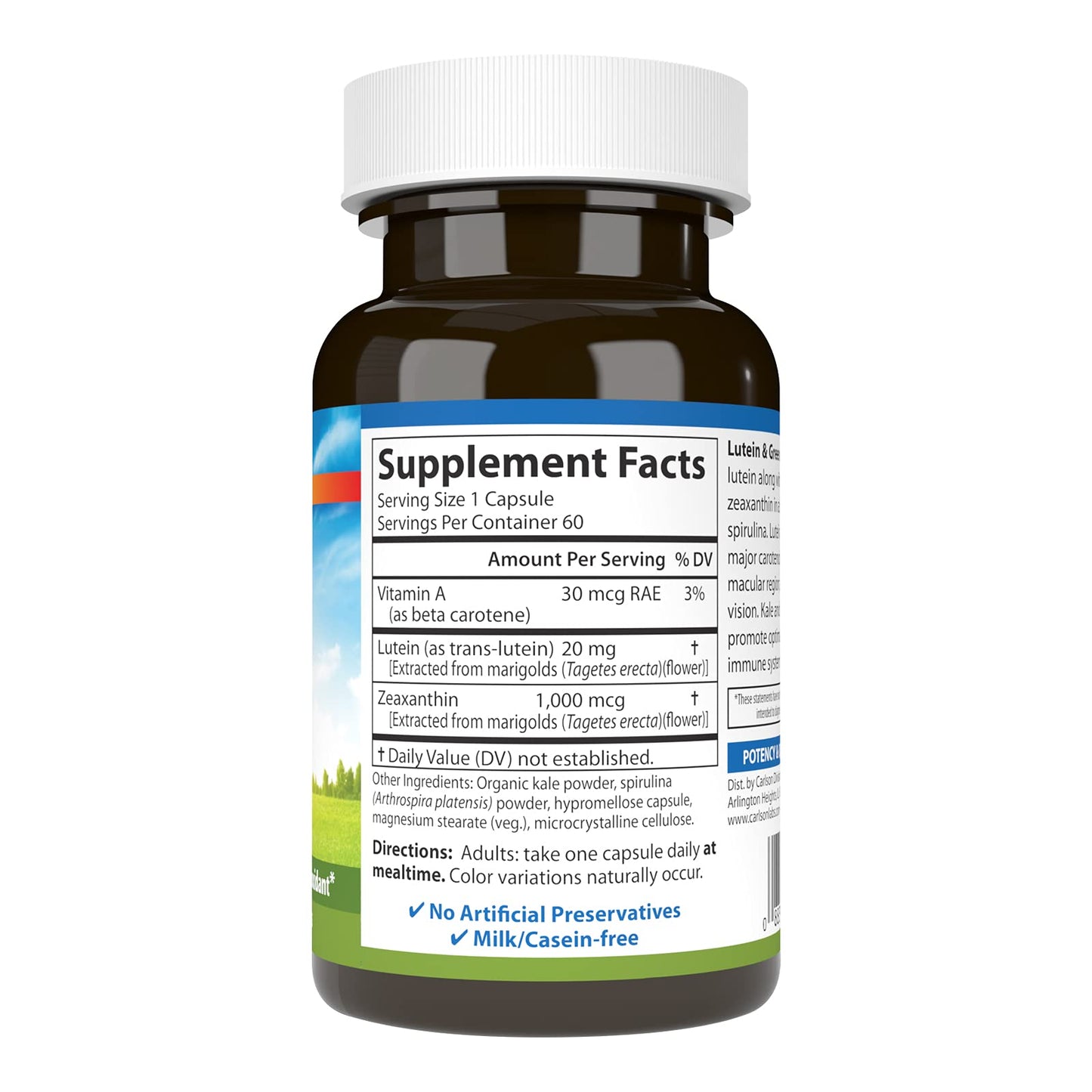Carlson Lutein & Greens 20 mg – Vision Support | 60 Vegetarian Capsules