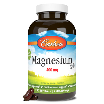 Carlson Magnesium Gels - 400 mg Softgels, Heart & Muscle Support, 250 Softgels