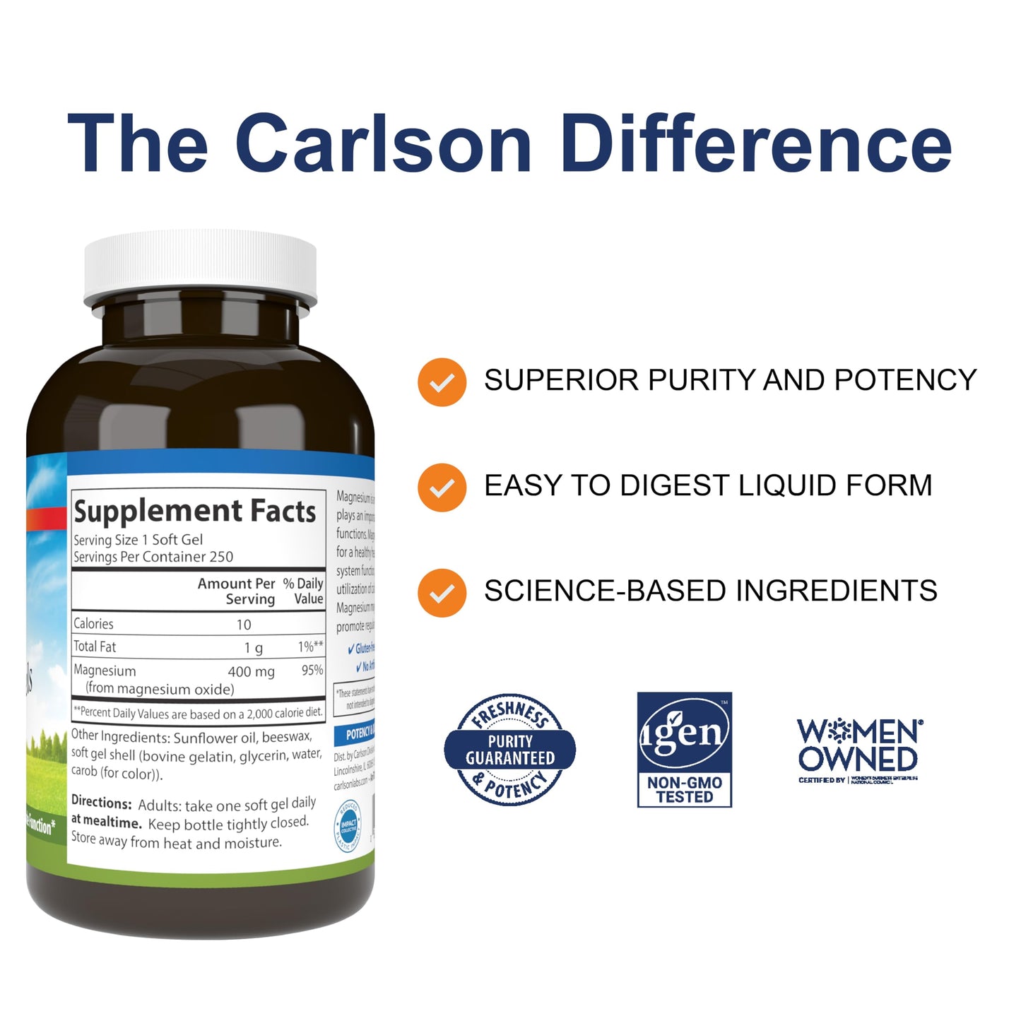 Carlson Magnesium Gels - 400 mg Softgels, Heart & Muscle Support, 250 Softgels