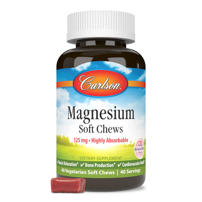 Carlson Magnesium Soft Chews 125 mg – Highly Absorbable for Muscle Relaxation & Overall Health | Berries & Creme Flavor, 40 Vegetarian Soft Chews