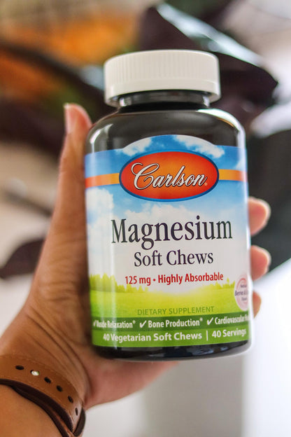 Carlson Magnesium Soft Chews 125 mg – Highly Absorbable for Muscle Relaxation & Overall Health | Berries & Creme Flavor, 40 Vegetarian Soft Chews