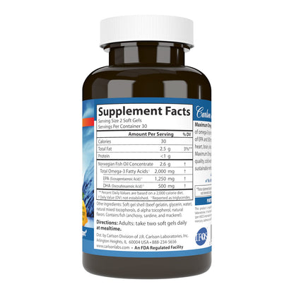 Carlson Maximum Omega 2000 - 2000 mg Omega-3 (EPA/DHA), Wild-Caught Norwegian Lemon Softgels
