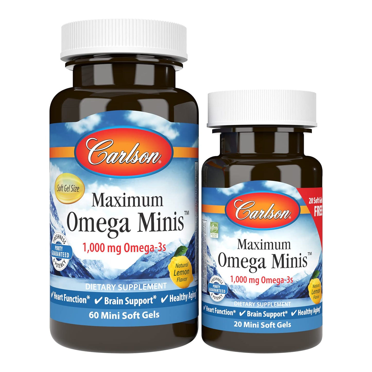 Carlson Maximum Omega Minis 1000 mg Omega-3s – Heart & Brain Support | Lemon | 60+20 Mini Softgels