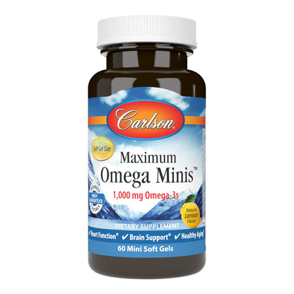 Carlson Maximum Omega Minis 1000 mg Omega-3s – Heart, Brain & Healthy Aging | Lemon, 60 Softgels