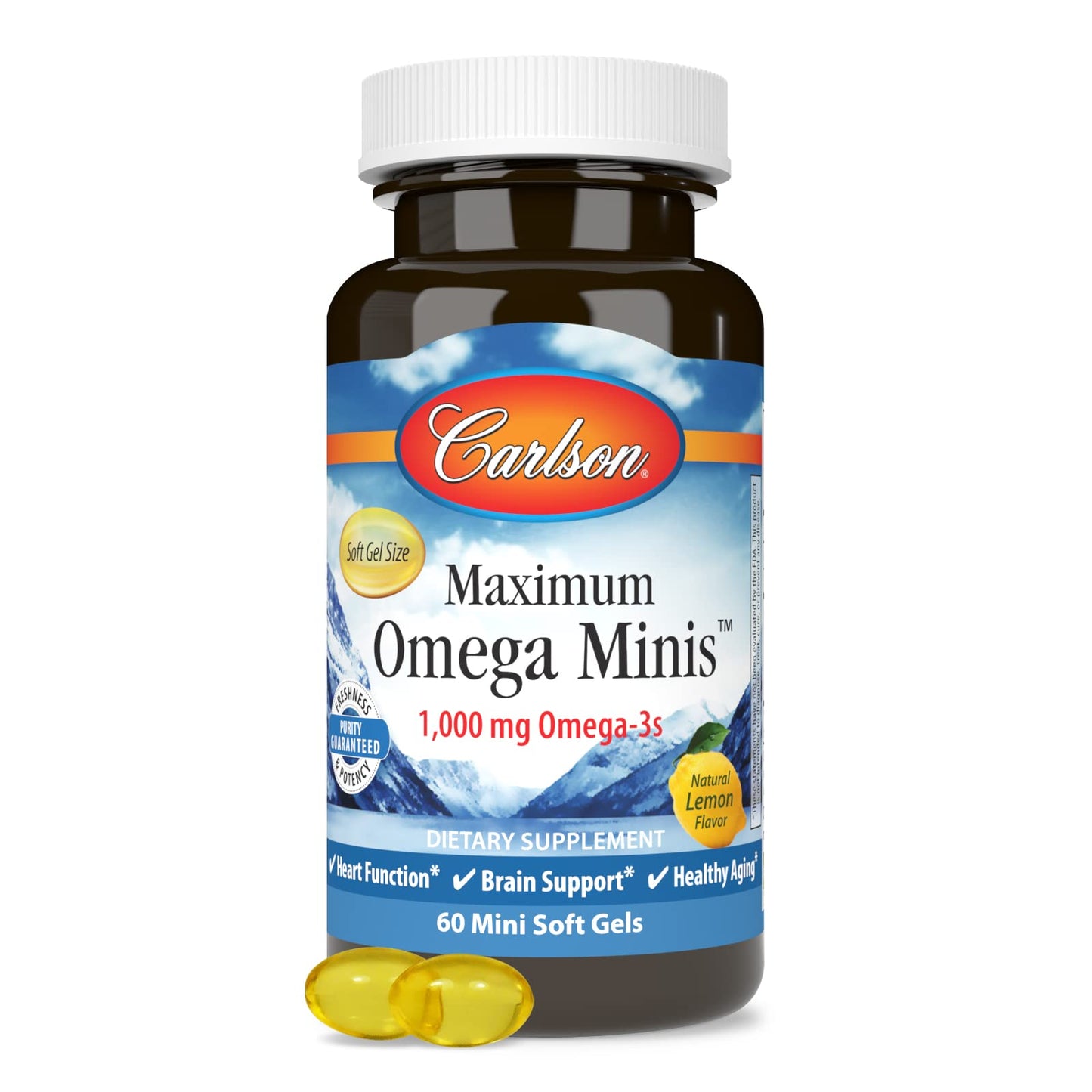 Carlson Maximum Omega Minis 1000 mg Omega-3s – Heart, Brain & Healthy Aging | Lemon, 60 Softgels