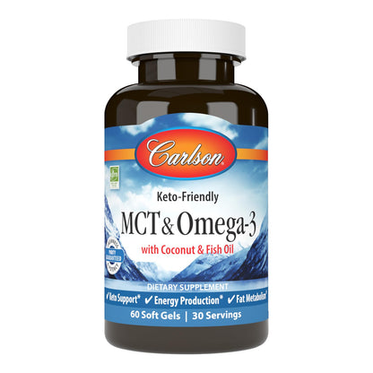 Carlson MCT & Omega-3 Coconut Oil | 60 Softgels – Energy, Fat Metabolism & Brain Health