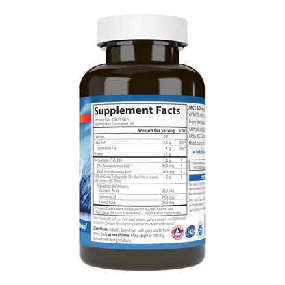 Carlson MCT & Omega-3 Coconut Oil | 60 Softgels – Energy, Fat Metabolism & Brain Health