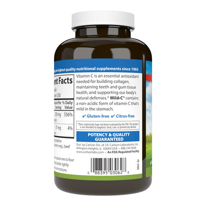 Carlson Mild-C Buffered Vitamin C 500 mg – Immune Support (250 vcaps)