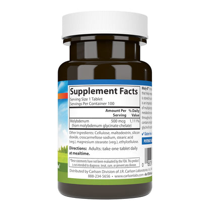 Carlson Moly-B Chelated Molybdenum – Metabolism Support & Enzyme Activation | 100 Vegetarian Tablets