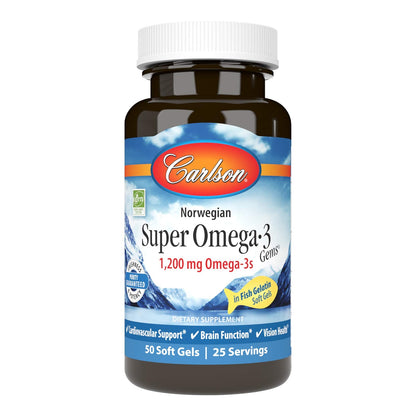Carlson Super Omega-3 Gems 1200 mg | Norwegian Fish Oil for Heart, Brain & Vision – 50 Soft Gels