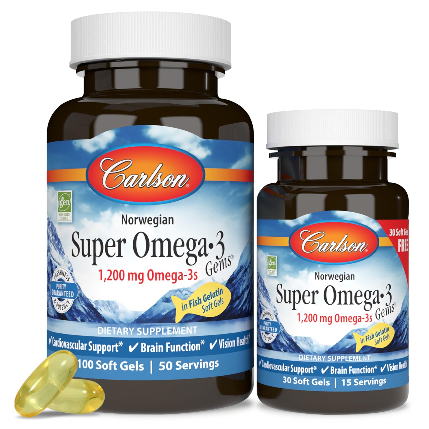 Carlson Super Omega-3 Gems – Pescetarian Norwegian 1,200 mg | 100 + 30 Soft Gels