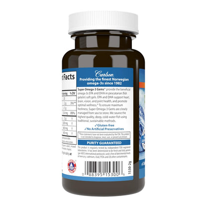Carlson Super Omega-3 Gems 1200 mg | Norwegian Fish Oil for Heart, Brain & Vision – 50 Soft Gels