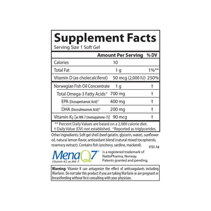 Carlson Elite Omega-3 Plus D & K – 700 mg Omega-3s, D3 & K2, Lemon, 60 Softgels