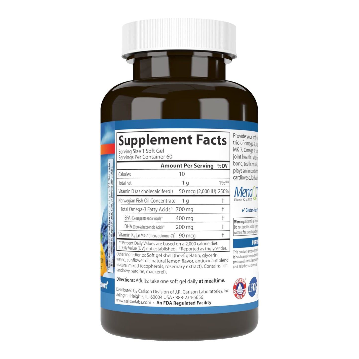 Carlson Elite Omega-3 Plus D & K – 700 mg Omega-3s, D3 & K2, Lemon, 60 Softgels