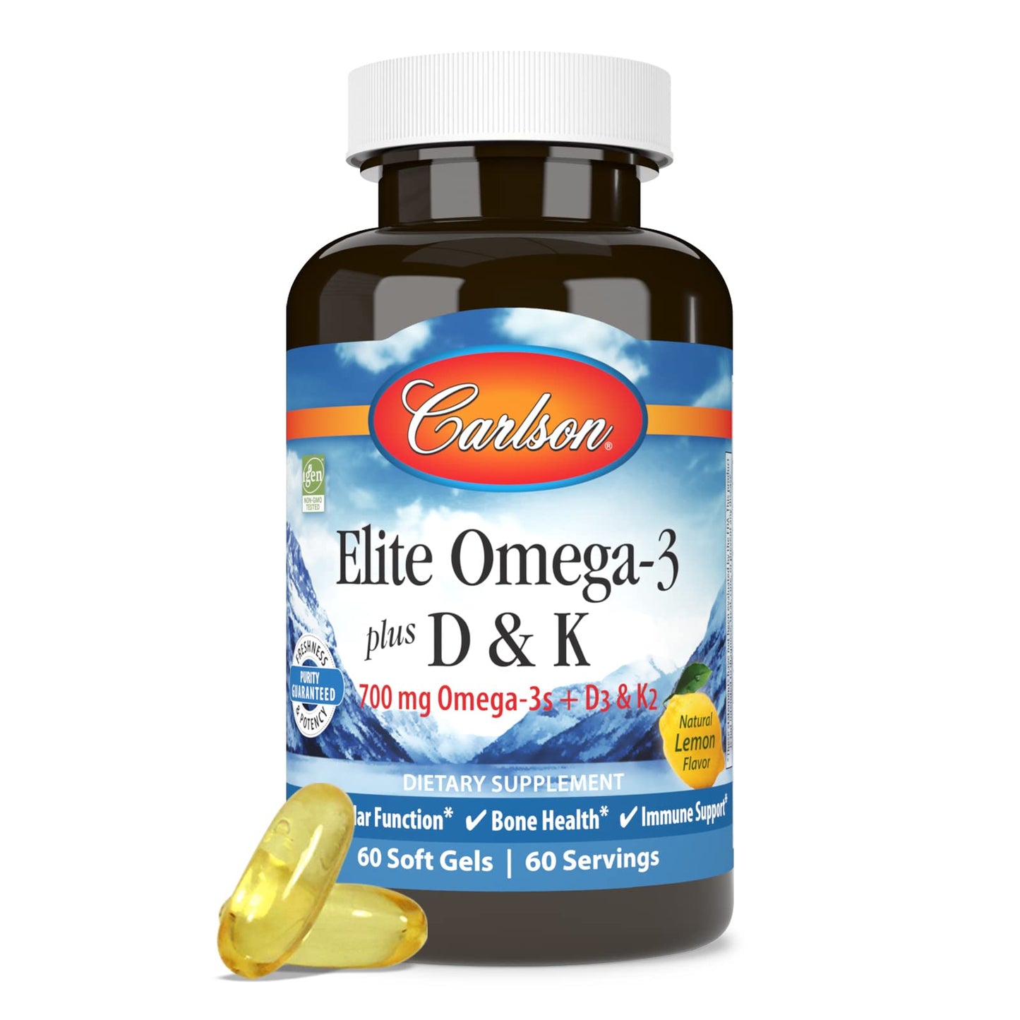 Carlson Elite Omega-3 Plus D & K – 700 mg Omega-3s, D3 & K2, Lemon, 60 Softgels