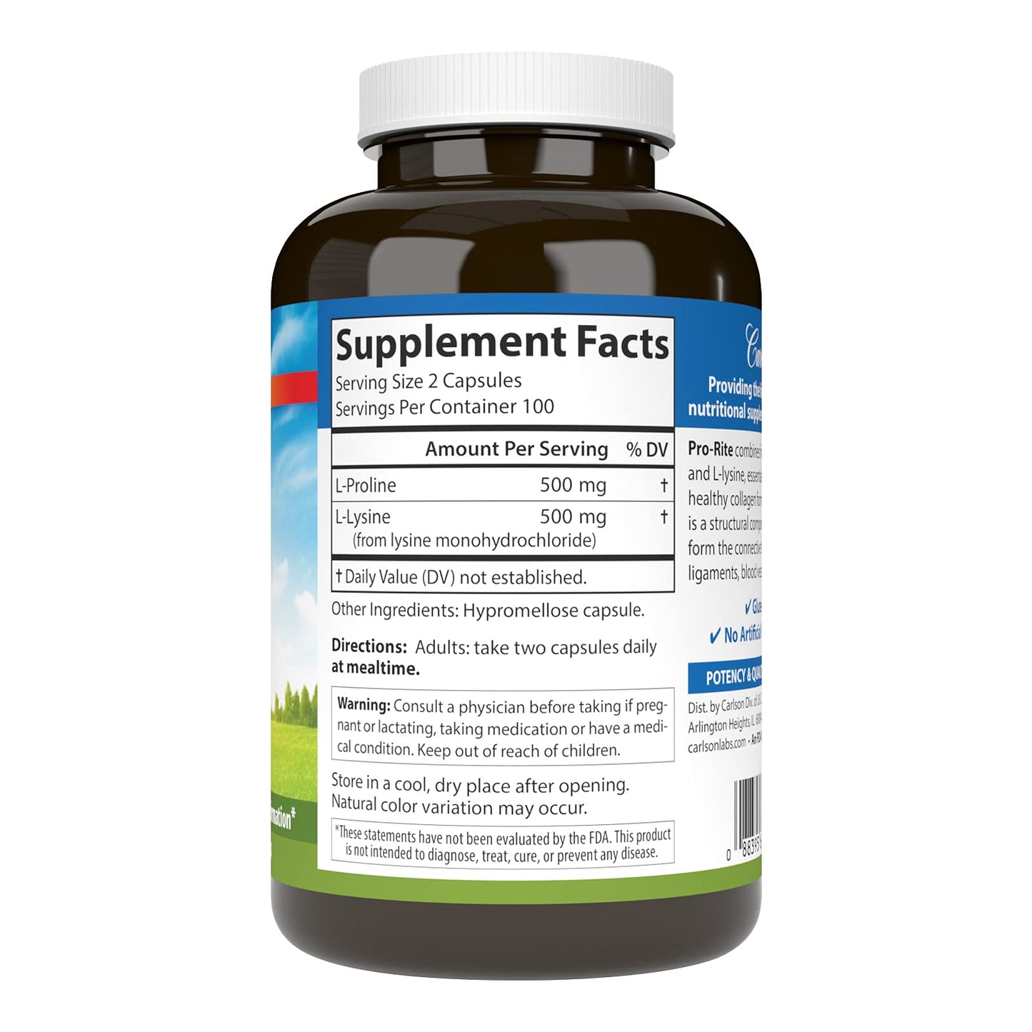 Carlson Pro-Rite: L-lysine & L-proline for Joint Support - 200 Capsules