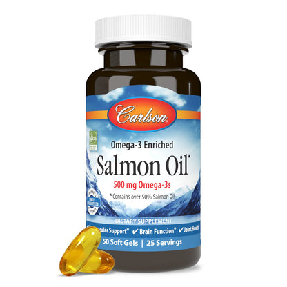 Carlson Salmon Oil 500mg Omega-3s | Wild-Caught Norwegian Fish Oil - 50 Softgels