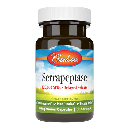 Carlson Serrapeptase 120000 SPUs - Delayed Release, Immune & Joint Support, 30 Vegetarian Capsules