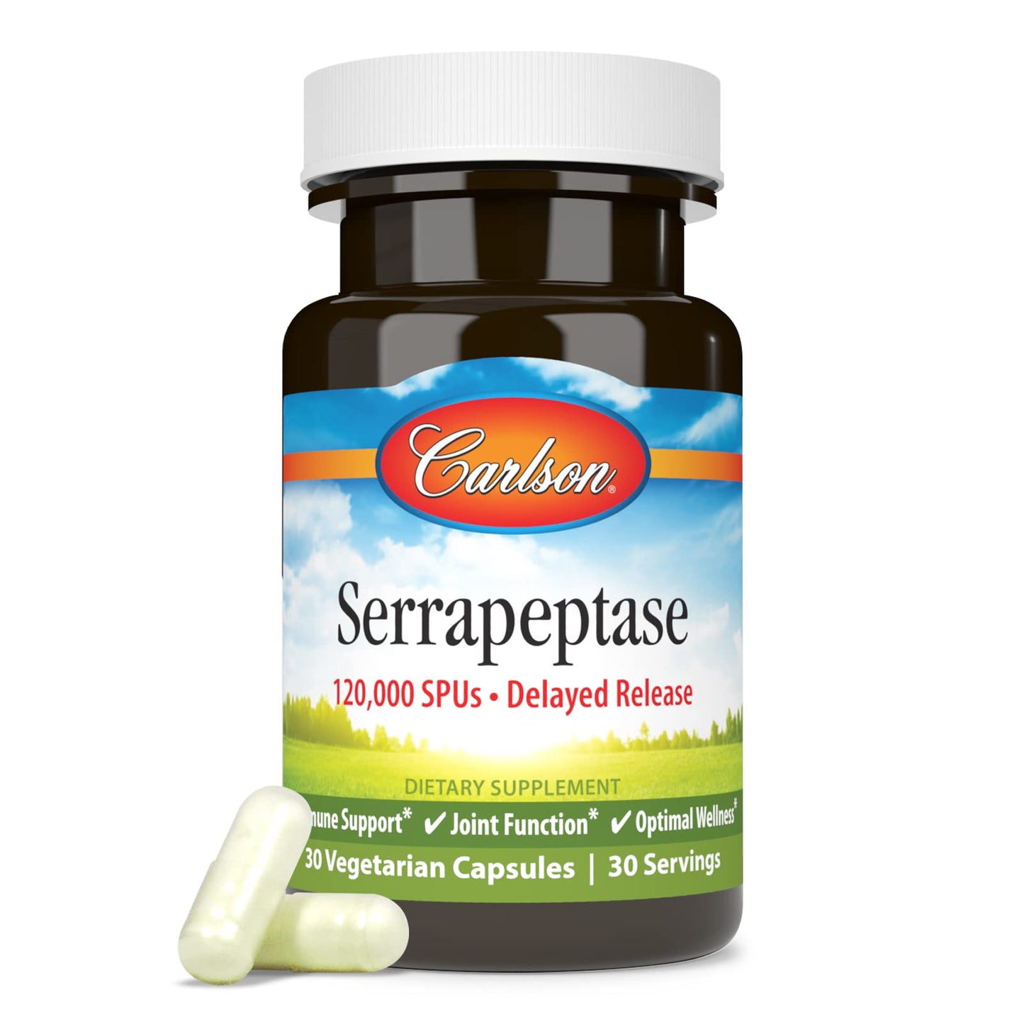Carlson Serrapeptase 120000 SPUs - Delayed Release, Immune & Joint Support, 30 Vegetarian Capsules