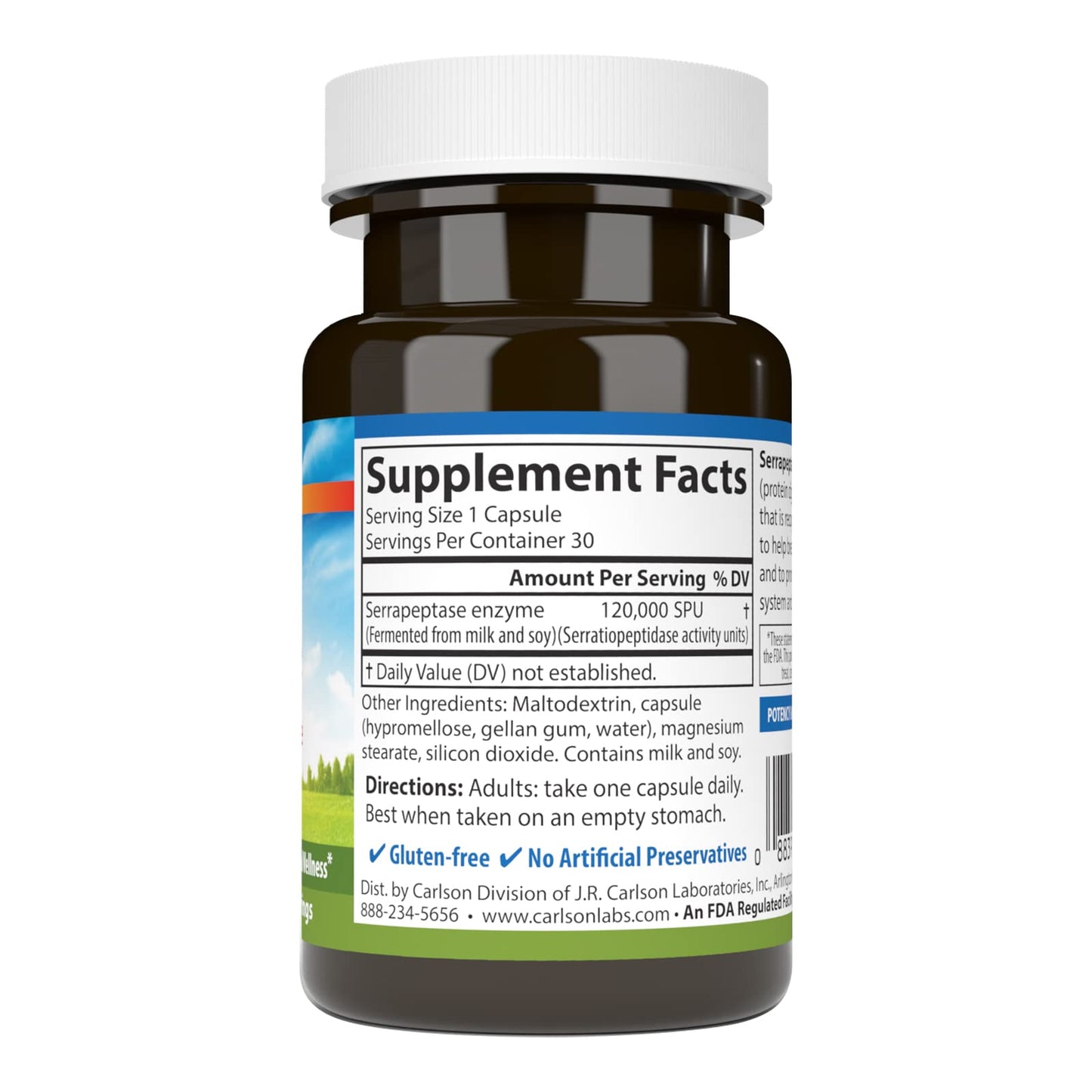 Carlson Serrapeptase 120000 SPUs - Delayed Release, Immune & Joint Support, 30 Vegetarian Capsules