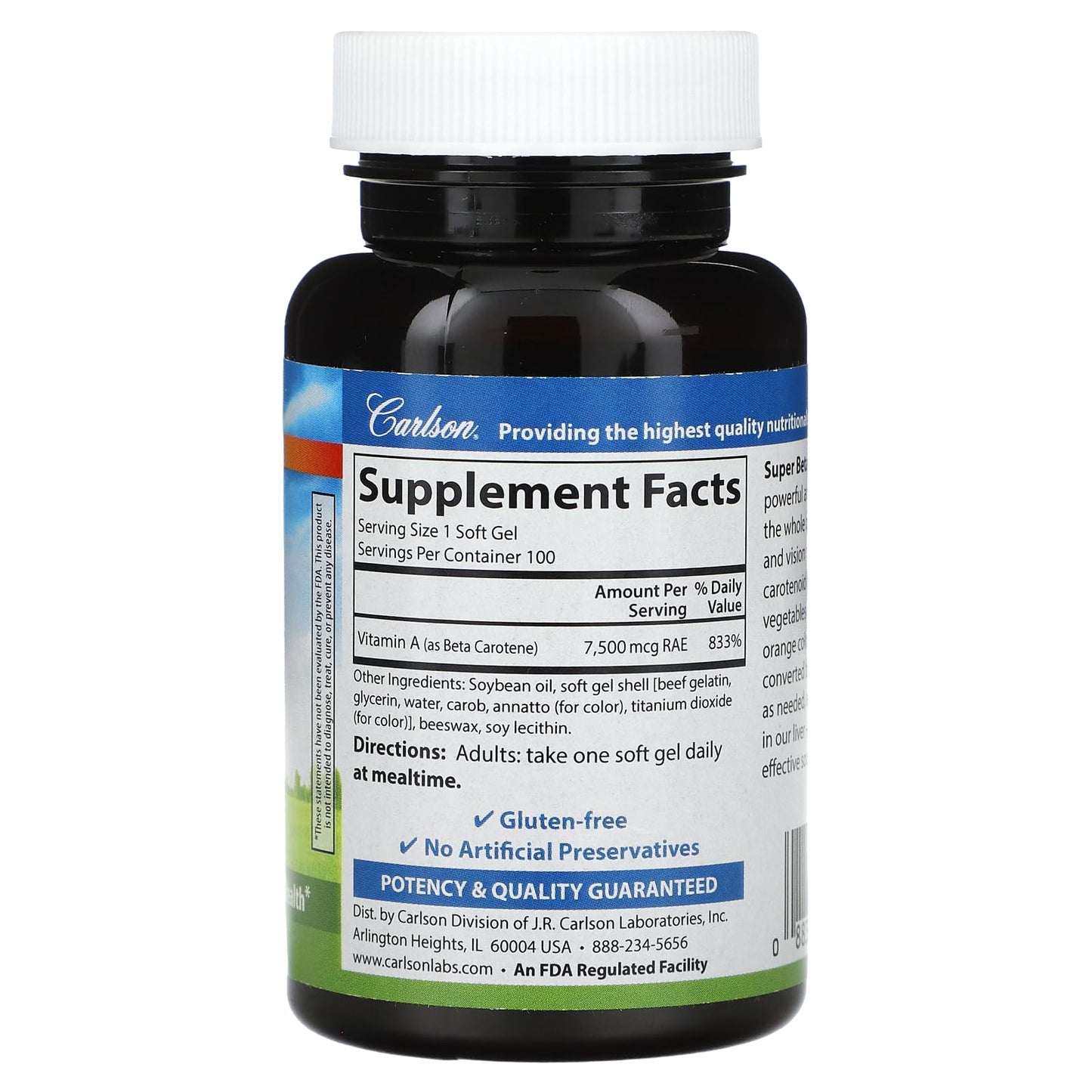 Carlson Super Beta Carotene 25000 IU (15 mg) – Vitamin A as Beta Carotene | Vision & Skin Health | 100 Softgels