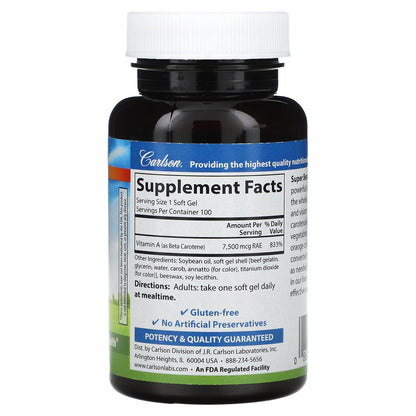 Carlson Super Beta Carotene 25000 IU (15 mg) – Vitamin A as Beta Carotene | Vision & Skin Health | 100 Softgels