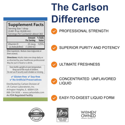 Carlson Super Daily D3 Vitamin D Drops - 1000 IU per Drop, Unflavored