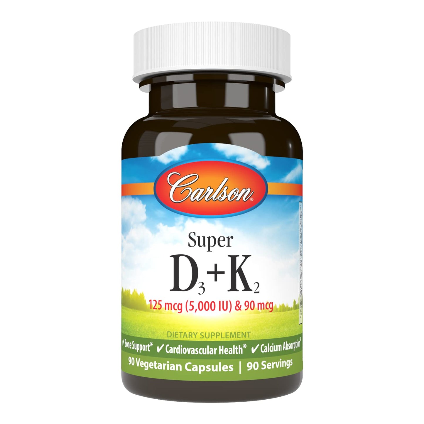 Carlson Super D3 + K2: Vitamin D3 5000 IU & K2 MK-7, 90 Veg Capsules