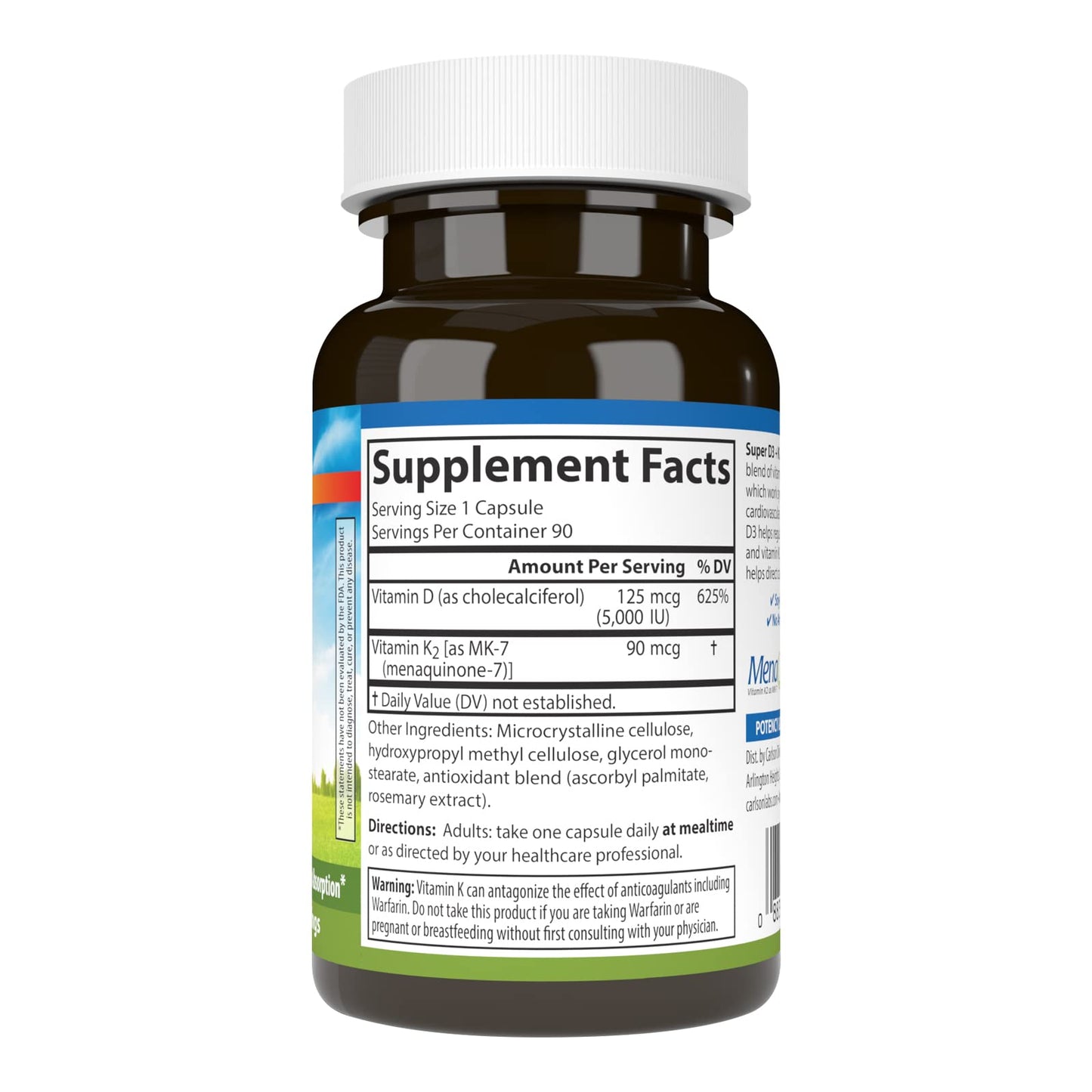 Carlson Super D3 + K2: Vitamin D3 5000 IU & K2 MK-7, 90 Veg Capsules