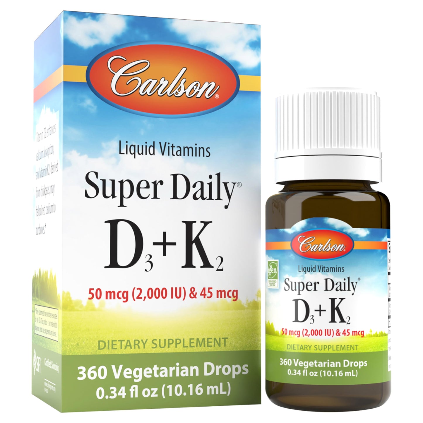 Carlson Super Daily D3 + K2 – 50 mcg D3 + 45 mcg MK-7 per serving | Heart & Bone Health | 360 Drops (10.16 ml)