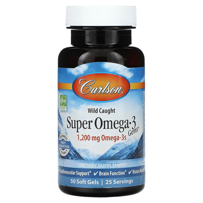 Carlson Super Omega-3 Gems 1200 mg – Wild Caught, Sustainably Sourced | 50 Soft Gels