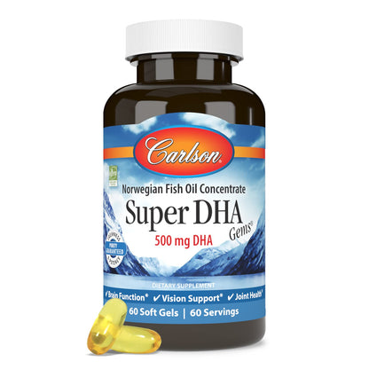 Carlson Super DHA Gems - 500 mg DHA, Norwegian Fish Oil, 60 Softgels