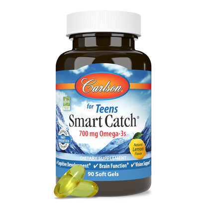 Carlson Teen's Smart Catch 700 mg Omega-3s – Cognitive Development & Vision Support, Lemon, 90 Softgels