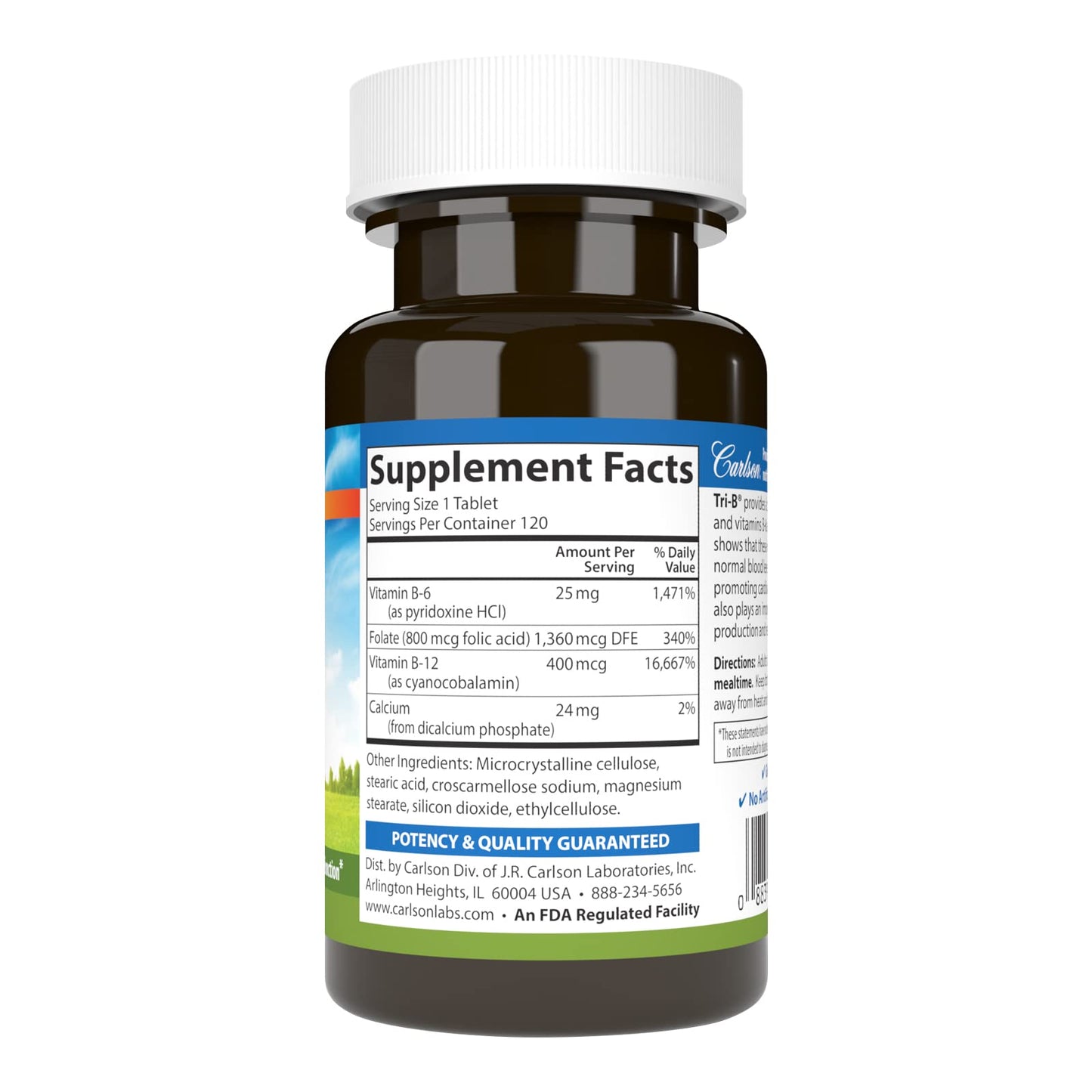 Carlson Tri-B B-Complex Vitamins | B6 B12 Folic Acid - 120 Tablets | Heart Health