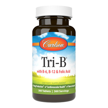 Carlson Tri-B B-Complex 360 Tablets | Vitamin B6, B12, Folic Acid