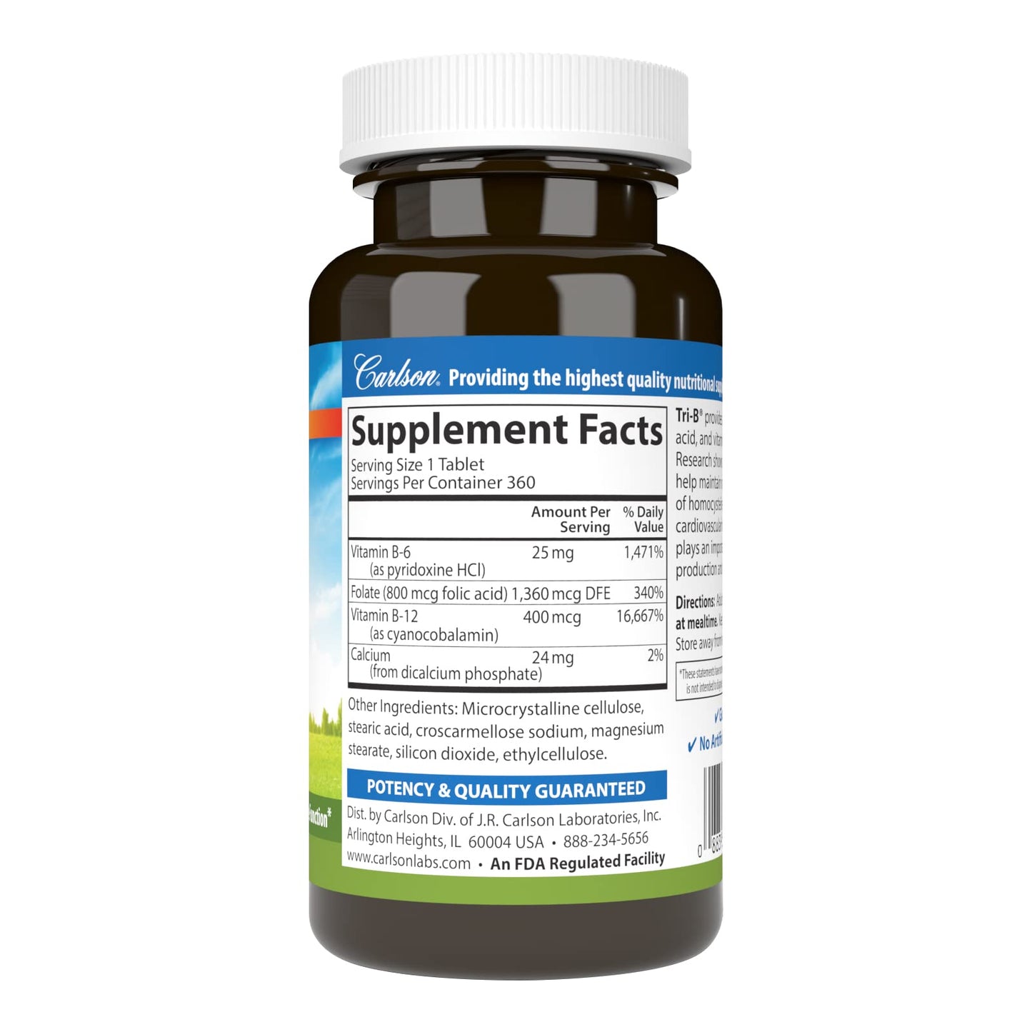 Carlson Tri-B B-Complex 360 Tablets | Vitamin B6, B12, Folic Acid