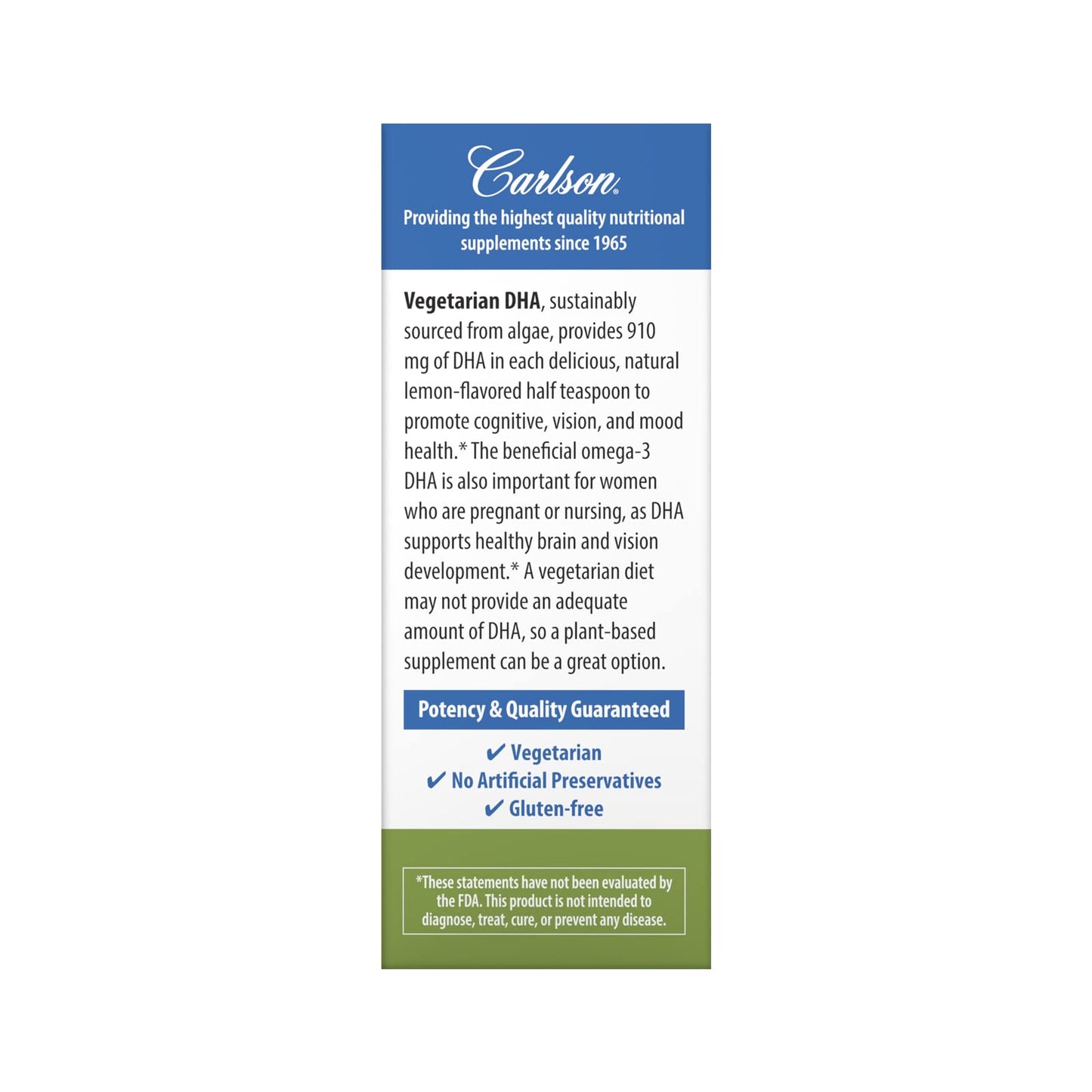 Carlson Vegetarian DHA – 910 mg DHA, Plant-Based Omega-3, Lemon, 60 mL (2 fl oz)