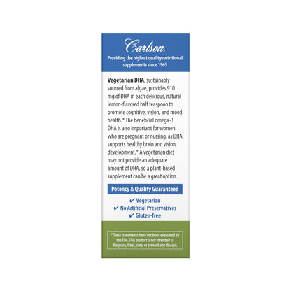 Carlson Vegetarian DHA – 910 mg DHA, Plant-Based Omega-3, Lemon, 60 mL (2 fl oz)