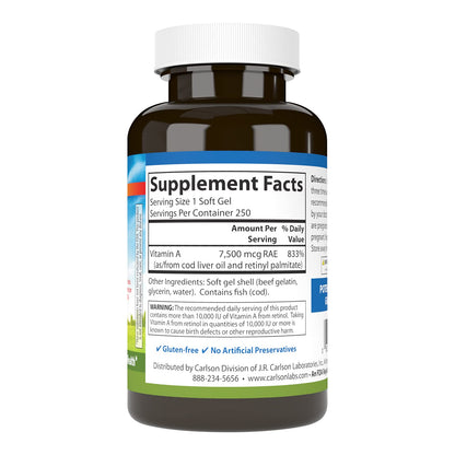 Carlson - Vitamin A 25,000 IU (7500 mcg RAE) | Immune Support, Vision Health, 250 Softgels