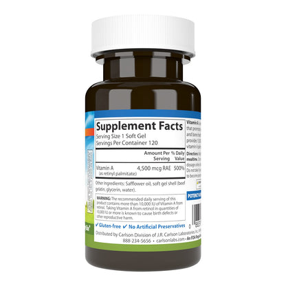 Carlson Vitamin A Palmitate 15000 IU | Vision Health & Healthy Skin | 120 Softgels