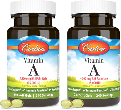 Carlson Vitamin A Palmitate 15000 IU (4500 mcg RAE) - Vision Health, Skin & Immune Support | 240 Softgels (Pack of 2)